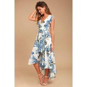 Lulus French Countryside White Floral Print High-low Dress Blue 
Worn once